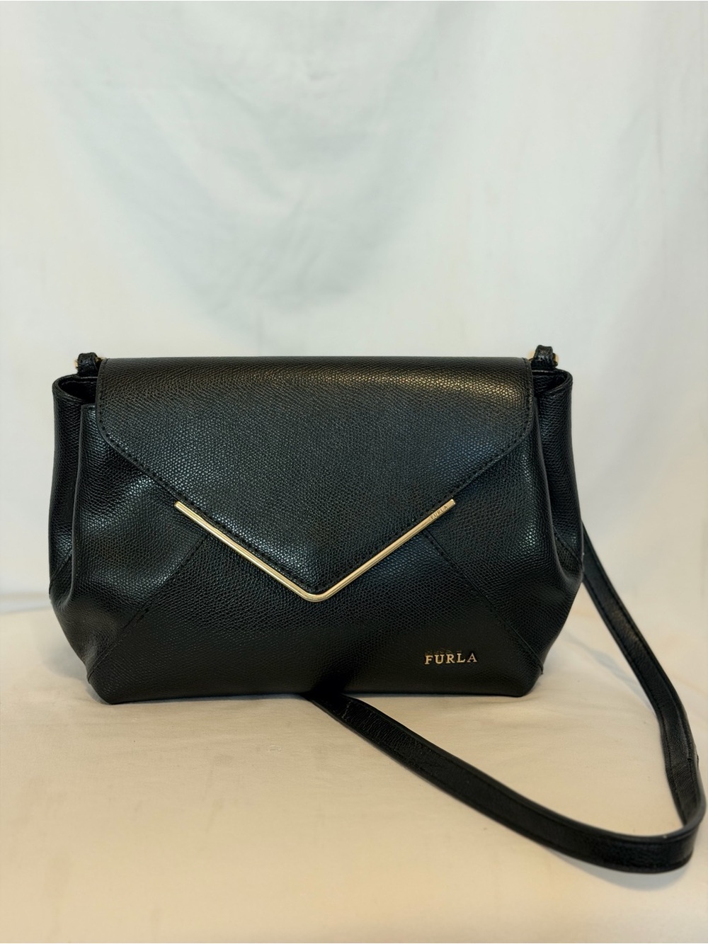 Furla Black Leather Envelope Crossbody with Gold Accent